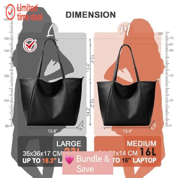 Large Vegan Leather Tote Bag with Zipper, 23L Capacity for Work and Travel - Picture 5 of 8